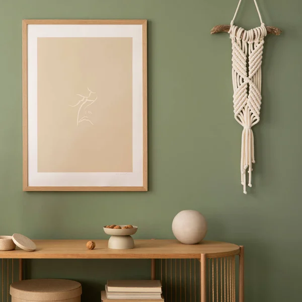 Stylish Living Room Interior Design Mock Poster Frames Macrame Wooden — Stock fotografie