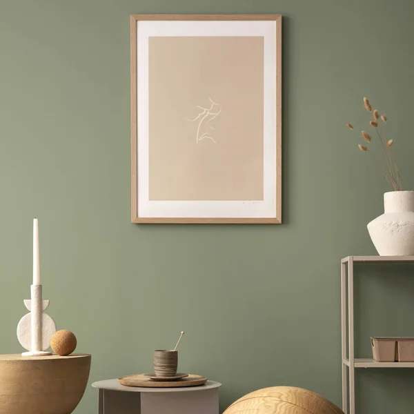 Stylish Living Room Interior Design Mock Poster Frames Wooden Ball — 스톡 사진