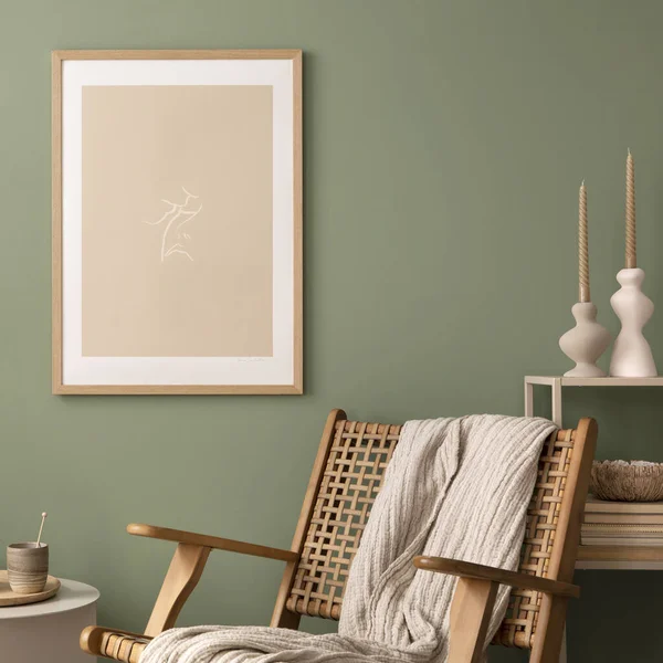 Stylish Living Room Interior Design Mock Poster Frames Rattan Armchair — Stock fotografie