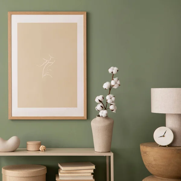 Stylish Living Room Interior Design Mock Poster Frames Wooden Chest — 스톡 사진