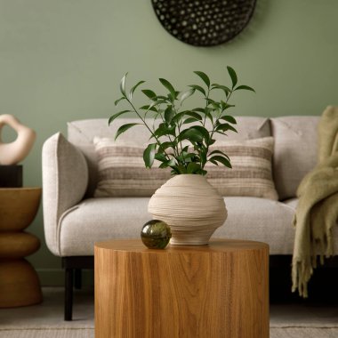 Stylish composition of living room interior with green wall, grey sofa with pillow and green plaid. White armchair with beige pilow, wooden coffee table with beige vase with green leaves and glass ball. Black vase with green flower. Template.