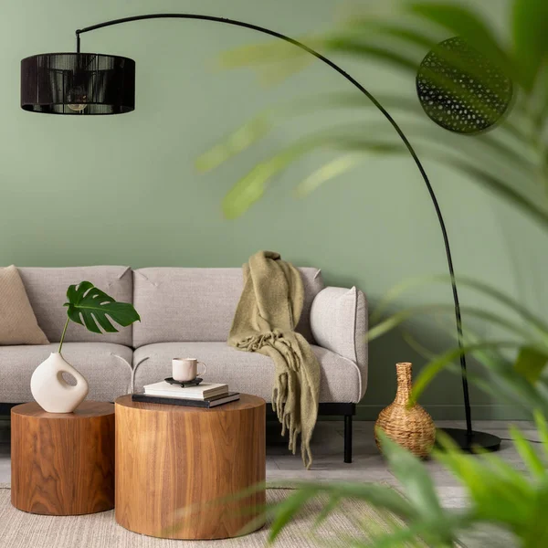 Oturma Odasındaki Yeşil Duvarlı Şık Kompozisyon Tasarım Gri Kanepe Ahşap — Stok fotoğraf
