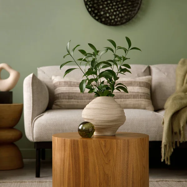 Komposisi Interior Ruang Tamu Yang Bergaya Dengan Dinding Hijau Sofa — Stok Foto