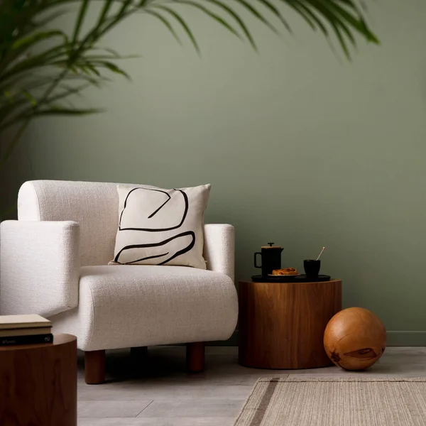 Stylish Composition Living Room Interior Green Wall Grey Sofa Brown — Fotografia de Stock