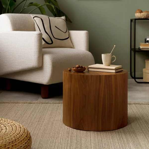 Stylish Composition Living Room Interior Green Wall White Armchair Beige — Fotografia de Stock