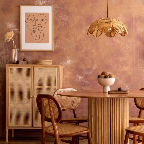 ポスターモックアップフレーム 円形テーブル 籐製の椅子 装飾品やアクセサリーとリビングルームのBooと居心地の良いインテリア ブラウングランジの壁 テンプレート 暖かくてオリエンタルな家の装飾 — ストック写真