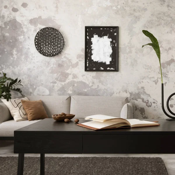 Stylish Compostion Living Room Interior Design Gray Sofa Wooden Coffee — стоковое фото