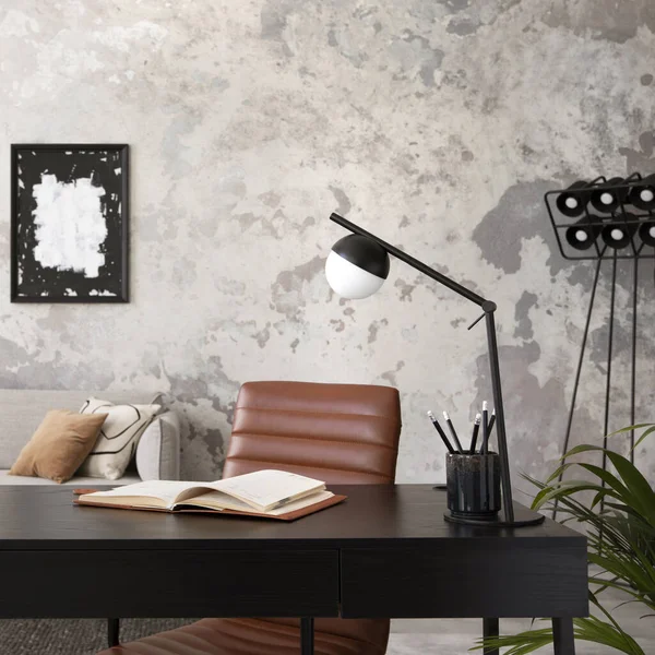 Stylish Compostion Living Room Interior Design Gray Sofa Wooden Coffee — стоковое фото