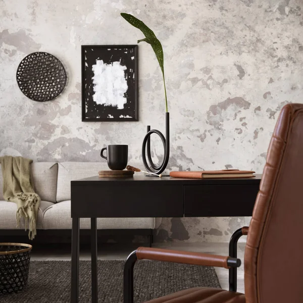 Stylish Compostion Concrete Living Room Interior Design Gray Sofa Brown — Zdjęcie stockowe