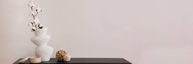 Kopya uzayı ile minimalist iç mekan kompozisyonu. Kurumuş çiçekli beyaz vazo ve şık aksesuarlar. Bej duvar. Ev dekoru. Şablon. 