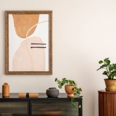 Creative composition of living room interior with mock up poster frame, black commode, modern lamp, books, plants and personal accessories. Home decor. Template. 