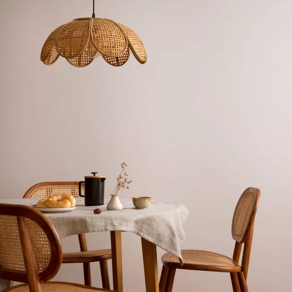 Stylish Dining Room Copy Space Table Rattan Chair Lamp Kitchen — 스톡 사진