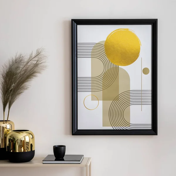Interiérový Design Harmonizovaného Obývacího Pokoje Modelovým Rámečkem Plakátu Policí Zlatou — Stock fotografie