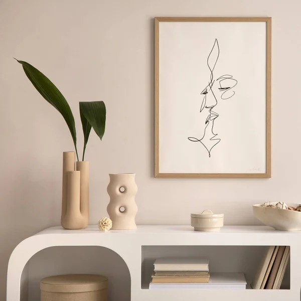Interior Design Aesthetic Elegant Room Mock Poster Frame White Commode — 스톡 사진
