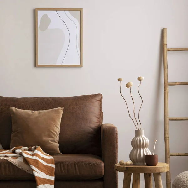Interior Design Stylish Elegant Room Brown Sofa Ladder Wooden Stool — Zdjęcie stockowe