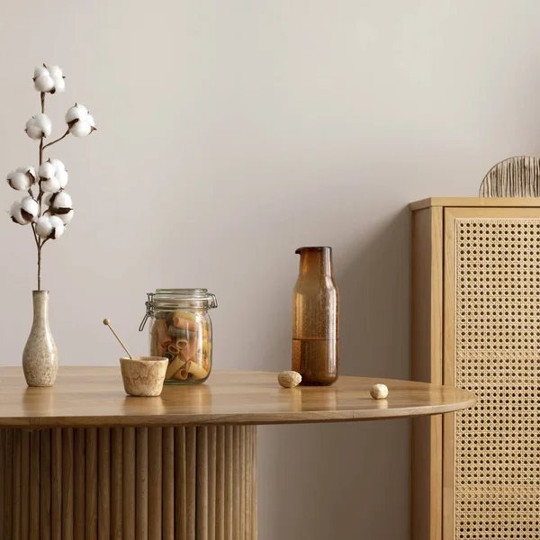 Minimalist Composition Dining Interior Wooden Table Design Chair Vase Dried — Zdjęcie stockowe