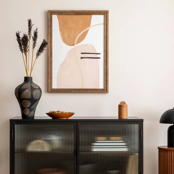 Interior Design Stylish Living Room Mock Poster Frame Black Commode — 스톡 사진