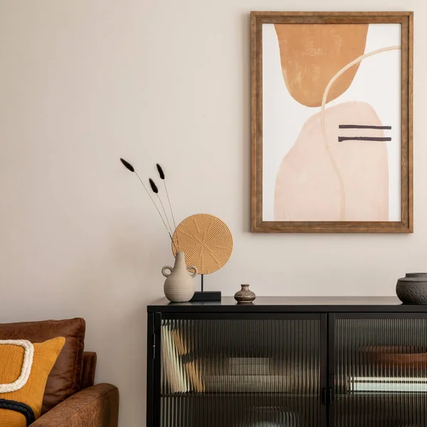 Creative Composition Living Room Interior Mock Poster Frame Black Commode — Stockfoto