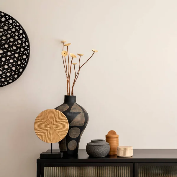 Minimalist Composition Living Room Interior Copy Space Black Commode Vase — Stock fotografie