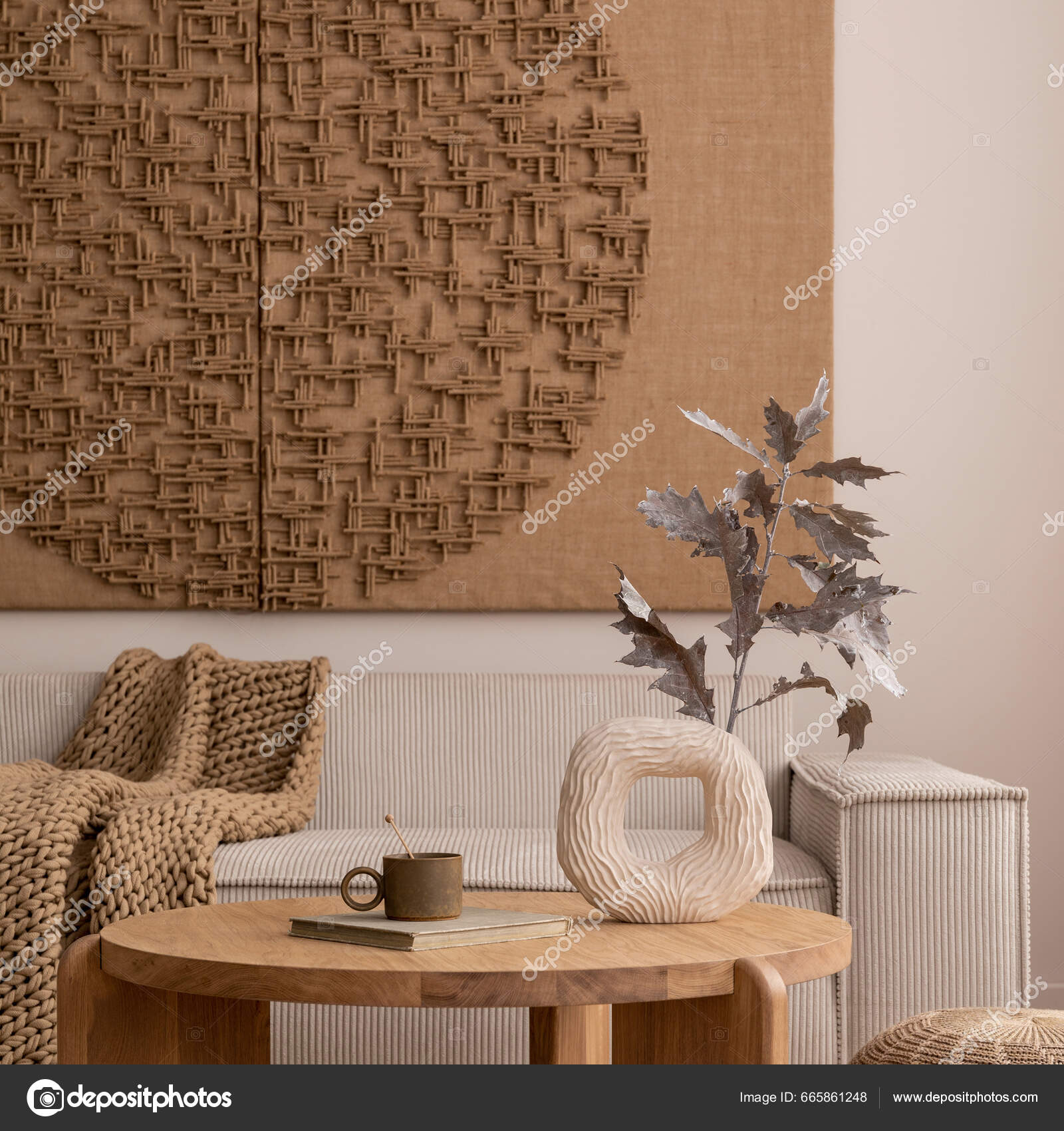Aesthetic Composition Living Room Interior Mock Poster Modular Beige Sofa  image libre de droit par Followtheflow © #665861248