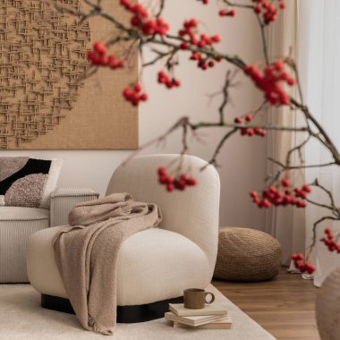 Creative composition of living room interior with mock up poster frame,  rounded shapes armchair, plaid, modular sofa, pillows, black coffee table and personal accessories. Home decor. Template. 