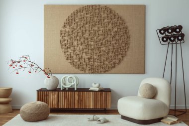 Interior design of living room interior with mock up poster frame, white armchair, wooden sideboard, sculpture, rug, black modern lamp and personal accessories. Home decor. Template.