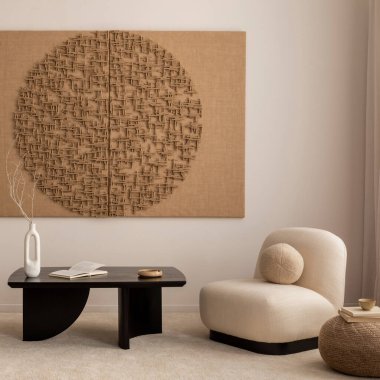 Interior design of living room with mock up poster frame, modern black coffee table, beige sofa, vase with rowan, rounded shapes armchair, pouf. lamp and personal accessories. Home decor. Template.