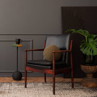 Interior design of elegant living room interior with copy space, leather armchair, plant, round pillows, gray rug, black wall with stuco, and personal accessories. Home decor. Template. 