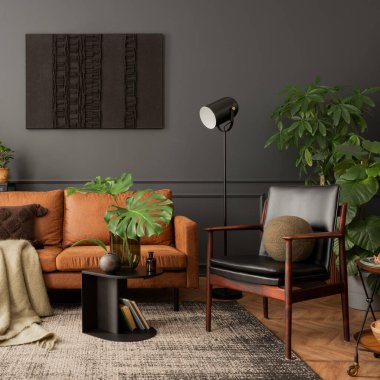 Creative composition of living room interior with mock up poster frame, brown sofa, leather armchair, black coffee table, plaid, pillows, plants and personal accessories. Home decor. Template. 