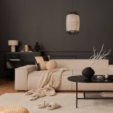 Asthetic composition of living room interior with modular sofa, black coffee table, white armchair, carpet, pouf, dark wall and personal accessories. Home decor. Template.  