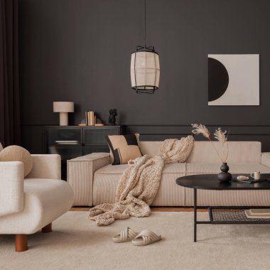 Asthetic composition of living room interior with mock up poster frame, modular sofa, black coffee table, white armchair, carpet, pouf, dark wall and personal accessories. Home decor. Template. 