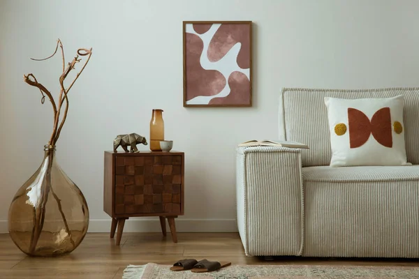 Creative Composition Modern Living Room Interior Mock Poster Frame Beige — Stockfoto