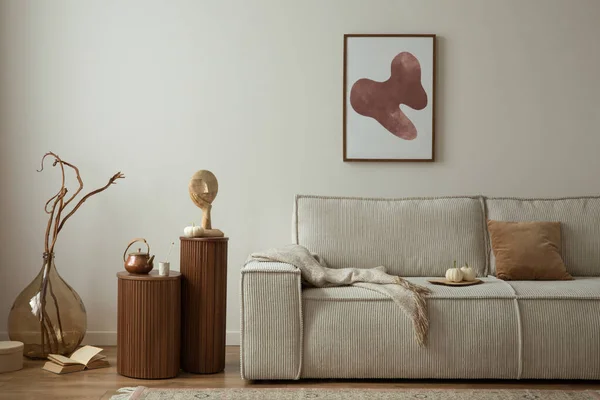 Inredning Elegant Komposition Med Mock Affisch Ram Modern Beige Soffa — Stockfoto
