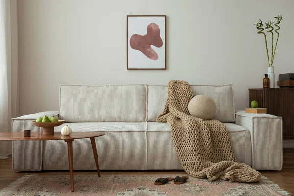 Interior Design Living Room Mock Poster Frame Modern Sofa Blanket — 스톡 사진