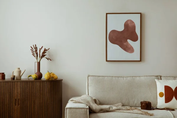Interior Design Living Room Interior Mock Poster Frame Moder Beige — Stockfoto