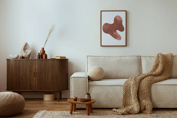 Craeative Composition Living Room Interior Mock Poster Frame Beige Sofa — 图库照片