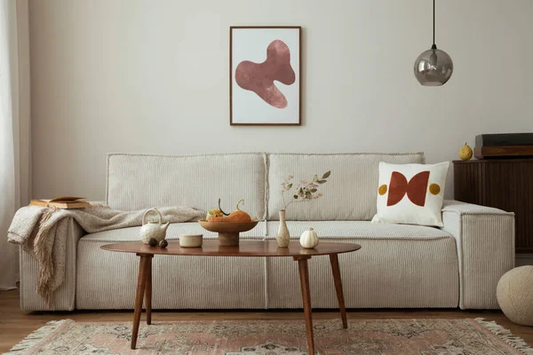 Interior Design Living Room Mock Poster Frame Modern Beige Sofa — 图库照片