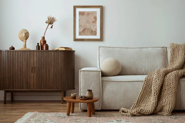 Craeative Composition Living Room Interior Mock Poster Frame Beige Sofa — Stok fotoğraf