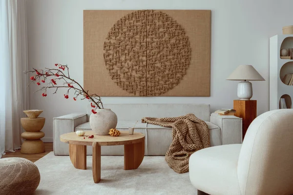 Creative Composition Living Room Interior Mock Poster Frame Beige Sofa — 스톡 사진