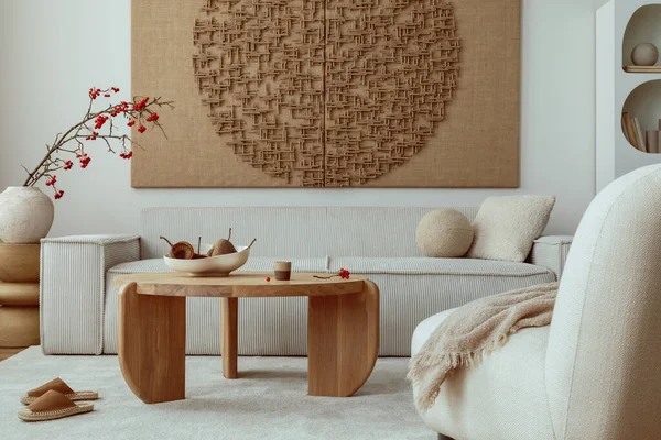 Warm Cozy Living Room Interior Mock Poster Frame Modular Beige — Φωτογραφία Αρχείου