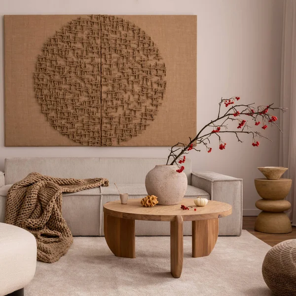 Creative Composition Living Room Interior Mock Poster Frame Beige Sofa — 图库照片