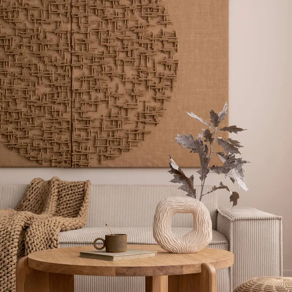 Aesthetic Composition Living Room Interior Mock Poster Modular Beige Sofa — 图库照片