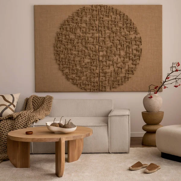 Living Room Interior Mock Poster Frame Beige Sofa Wooden Coffee — 图库照片