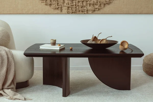 Minimalist Composition Living Room Interior Modern Black Coffee Table Beige — 图库照片