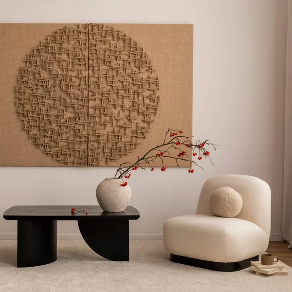 温馨舒适的客厅内部的创意构图与绘画 花瓶与争吵 木制咖啡桌 小沙发和个人配饰 家居装饰 — 图库照片