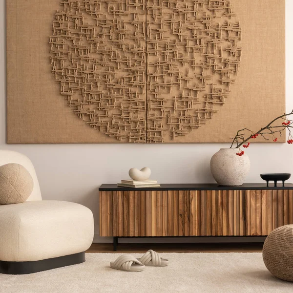 Creative Composition Living Room Interior Mock Poster Frame White Armchair —  Fotos de Stock
