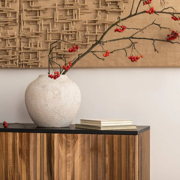 Minimalist Composition Living Room Interior Mock Poster Frame Wooden Sideboard — 스톡 사진