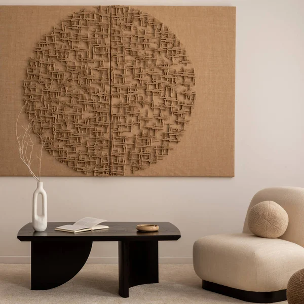 Creative Composition Japandi Living Room Interior Mock Poster Frame Black — 图库照片