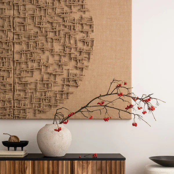 Minimalist Composition Living Room Interior Mock Poster Frame Vase Rowan — 스톡 사진
