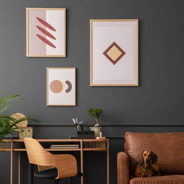 Cozy Living Room Interior Mock Poster Frame Brown Sofa Wooden — Fotografia de Stock